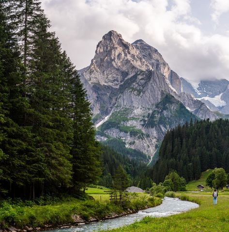 Dramatic mountain overlooking lush valley with river in forest scene