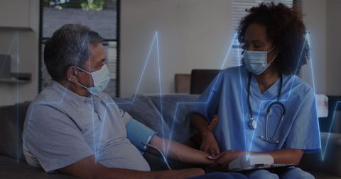 Home Healthcare Nurse Measuring Senior Blood Pressure with Heart Monitor Overlay