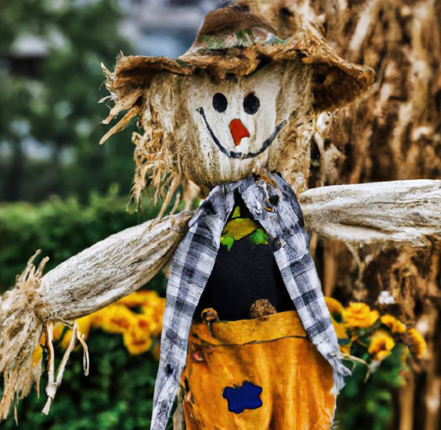 Cheerful scarecrow with a straw hat and plaid shirt stands in a vibrant garden. This can be used for themes related to autumn, harvest festivals, gardening, or outdoor decorations, giving a warm and friendly vibe.
