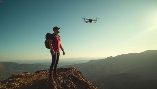 Hiker Standing on Mountain Ridge Watching Hovering Drone at Golden Hour Summit
