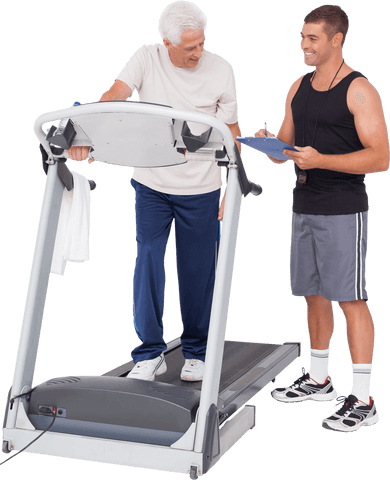 Senior man exercising on treadmill with trainer transparent background