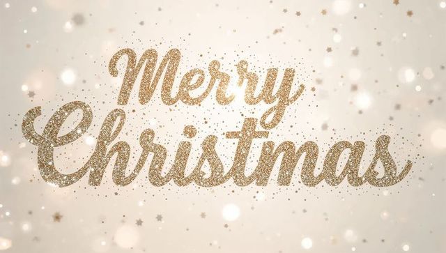 Shimmering gold glitter merry christmas calligraphy with bokeh and star confetti