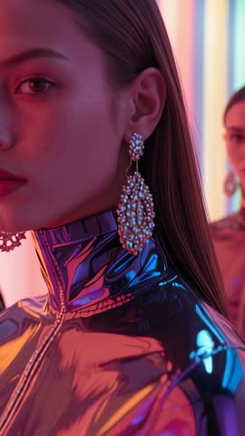 Model posing in metallic latex top with statement pearl earrings and neon studio lights