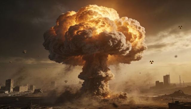 Towering mushroom cloud erupting over ruined city with radiation hazard symbols