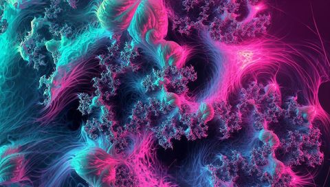 Flowing Neon Fractal Spirals in Cyan and Magenta Forming Glowing Generative Abstract Field