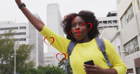 African American Woman Hailing Taxi with Smartphone and Heart Icons