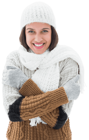 Smiling Woman in Winter Attire on Transparent Background