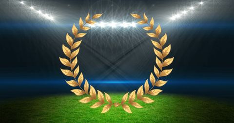 Golden laurel wreath over stadium represents sports victory