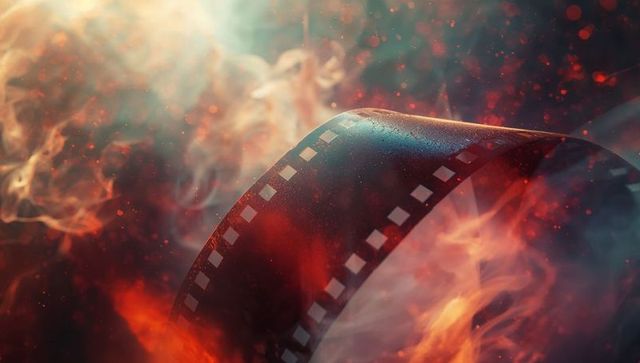 Film Strip Surrounded by Flames and Smoke in Dramatic Atmosphere