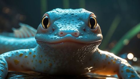 Vibrant amphibian perching on wet log at pond edge