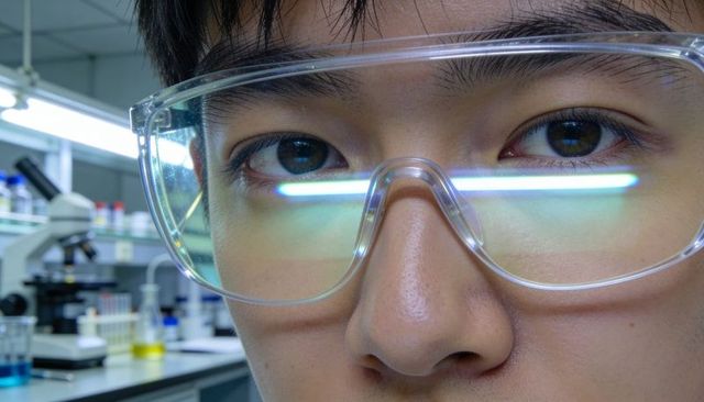 Closeup of asian researcher wearing safety goggles in laboratory with microscope nearby