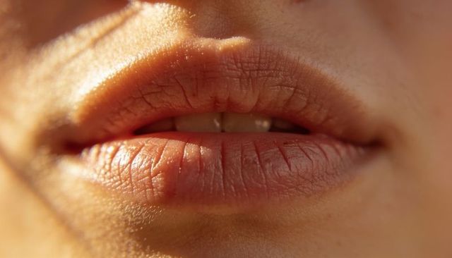 Macro close-up showing natural lips texture, warm light, slightly parted mouth
