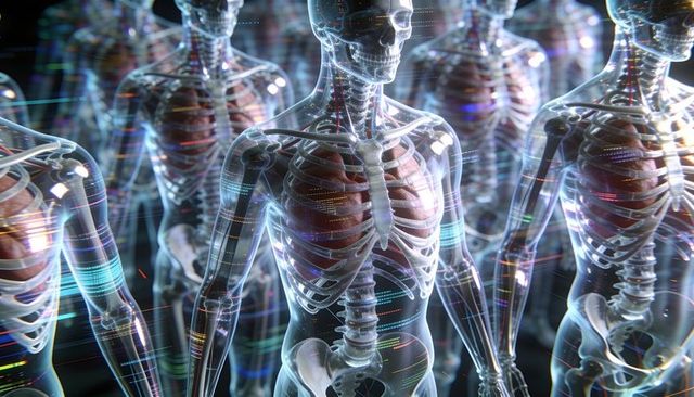 Transparent futuristic anatomy mannequins showing skeleton, lungs, hearts with data streams