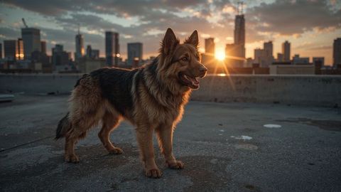 German shepherd barking dog overlooking cityscape at sunset on rooftop