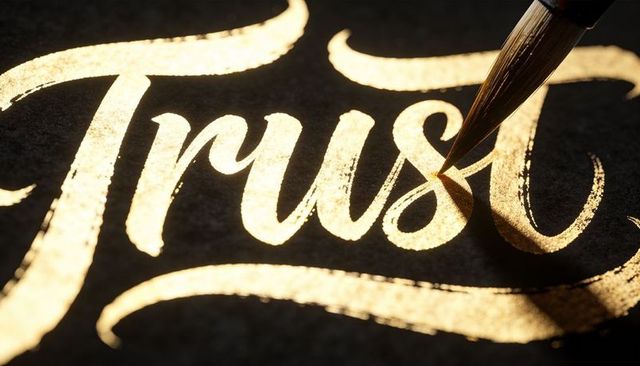 Brushing metallic gold calligraphy lettering trust on dark textured paper macro closeup
