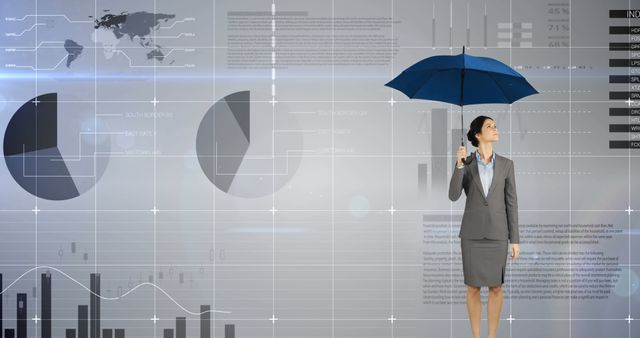 Businesswoman Holding Blue Umbrella Analyzing Digital Financial Charts - Download Free Stock Images Pikwizard.com