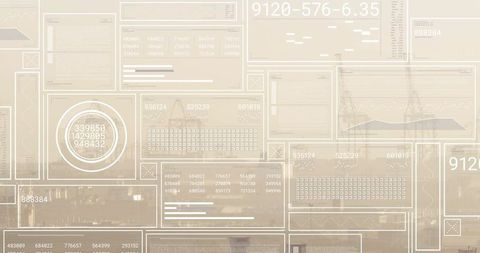 Translucent harbor analytics dashboard with circular gauge, numeric matrices, port data