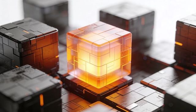Glowing translucent orange cube on circuit platform surrounded by dark futuristic modules