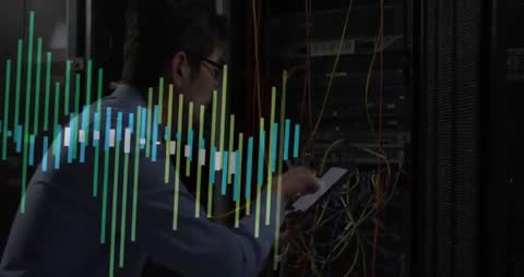 Data Center Engineer Analyzing Network Traffic and Cables