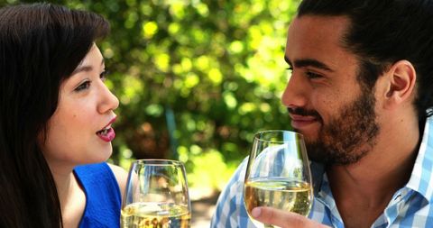 Intercultural Couple Enjoying Outdoor Wine Interaction