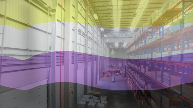 Nonbinary pride flag superimposed on warehouse interior showing tall shelves stacked with various goods and products. The video combines themes of logistics and global shipping with LGBTQ+ pride and diversity. It is useful for articles, blog posts, or campaigns promoting diversity and inclusion in the workplace, particularly in logistics, supply chain, and warehouse sectors.