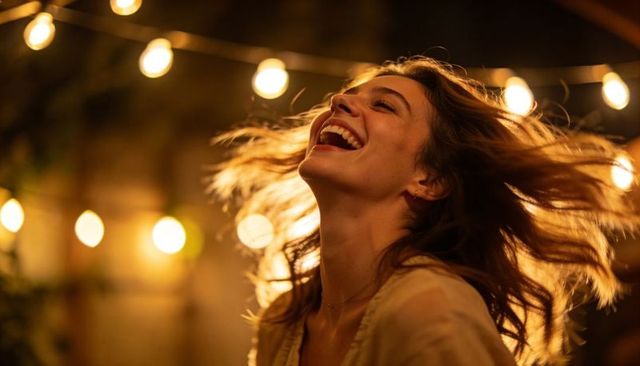 Laughing woman tossing hair under warm string lights on backyard patio at golden hour