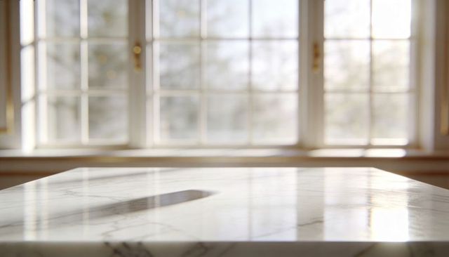 Polished marble countertop reflecting sunlit multi-pane window with brass latch detail