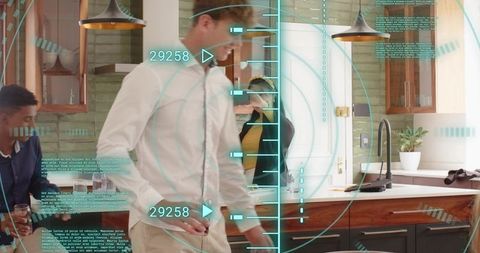 Man walking across modern farmhouse smart kitchen with augmented reality hud overlay