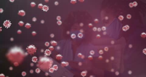 Virus Cells Floating Over Healthcare Workers in a Medical Setting