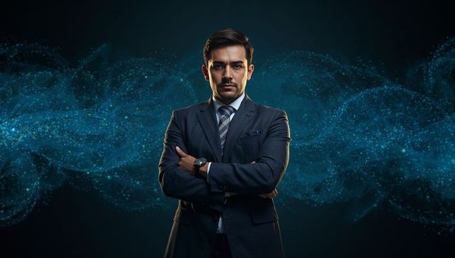 Confident executive standing crossing arms wearing suit and tie in futuristic blue data wave