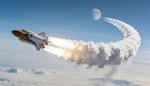 Orbital shuttle ascending above cloud layer with dramatic arcing exhaust trail toward moon
