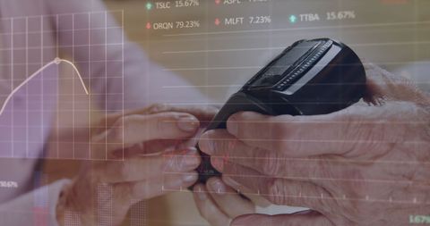 Elderly Person Using Contactless Payment with Stock Market Overlay