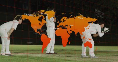 Three cricketers standing on night pitch with orange world map overlay and gridlines