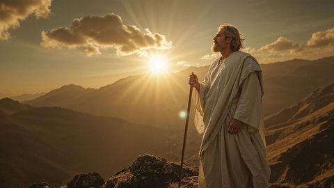 Moses in robes holding staff at mountain summit during sunrise