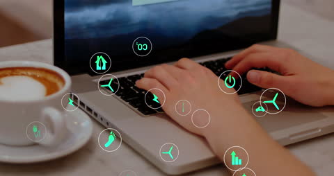 Remote Work with Digital Icons Overlay and Coffee