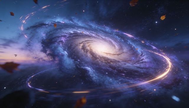 Swirling Spiral Galaxy with Glowing Core and Golden Orbital Ring, Floating Leaves in Nebula