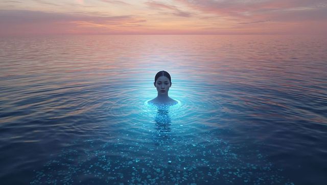 Woman Emerging from Bioluminescent Ocean at Twilight with Glowing Halo and Calm Horizon