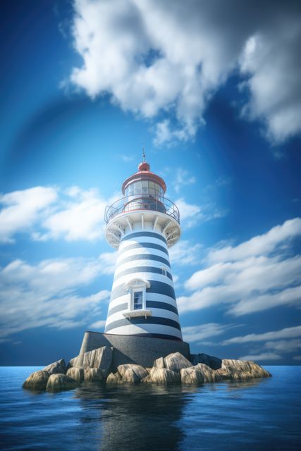 A white and black striped lighthouse stands tall on a rocky landscape, with a glistening ocean surrounding it. The structure is set against a vibrant blue sky with scattered clouds, bathed in sunlight. This is a perfect image for themes related to maritime navigation, coastal scenery, travel destinations, or nautical decoration.