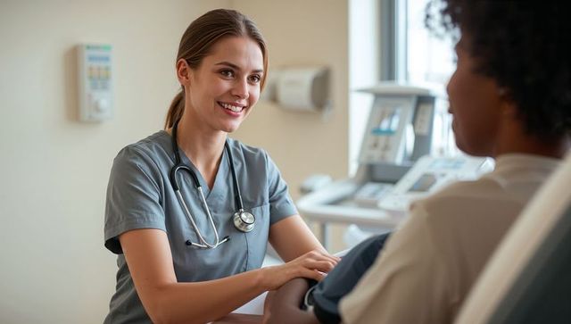Smiling female clinician holding patient arm during compassionate medical consultation