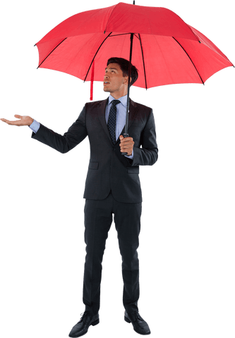 Businessman Holding Red Umbrella on Transparent Background
