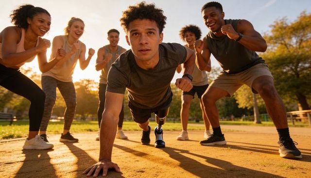 Adaptive athlete with prosthetic blade doing push-up while teammates cheering in sunset park