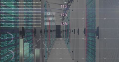 Futuristic data center corridor with glowing server racks displaying analytics and metrics
