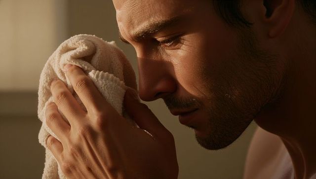 Shirtless man pressing cream towel to face closeup showing hand veins and skin texture