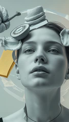 Emerging sculpted bust with orbiting kiwi slices and pastry rings in minimal vertical video artwork