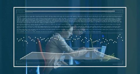 Asian Man Working on Laptop with Digital Data Overlay