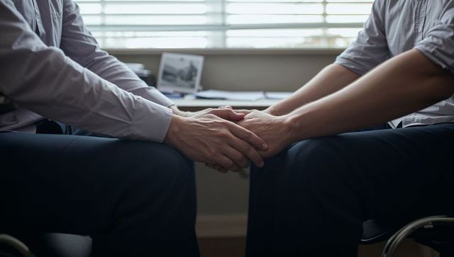 Holding hands offering compassionate care during wheelchair counseling session