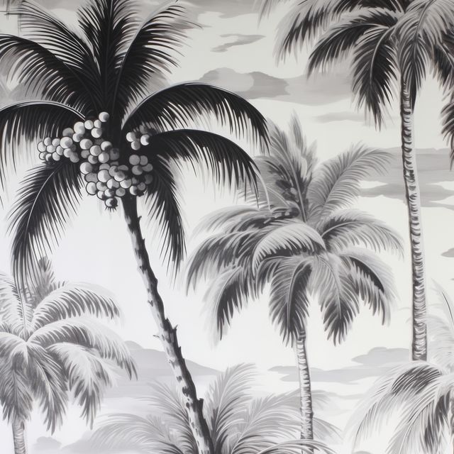 Illustrative drawing of palm trees in black and white. Depicts tropical nature with a serene, exotic feel. Suitable for wall art, nature-themed interiors, beach house decor, graphic design projects or as a backdrop for travel-related materials.