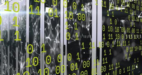 Glowing server racks with binary code overlay in data center