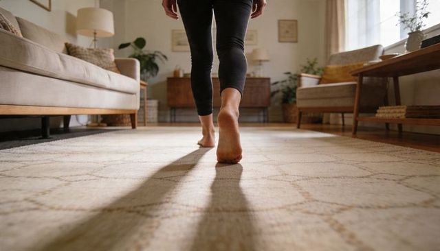 Barefoot woman walking across sunlit midcentury living room rug in black leggings