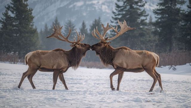 Bull elk locking antlers in snowy mountain meadow near conifer forest during snowfall